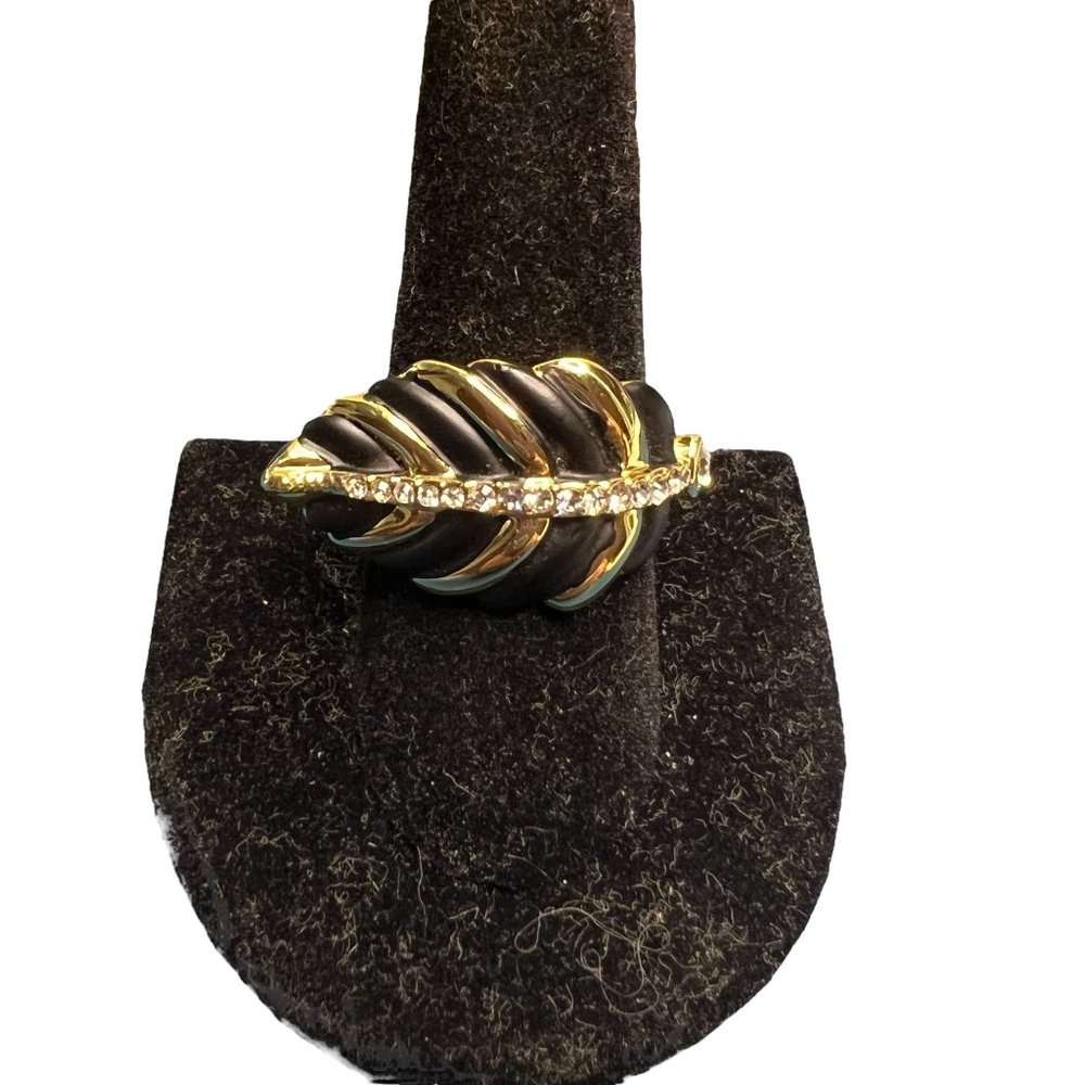 Roberto by RFM Gold plated Ring Leaf Black enamel clear cz stones size 9  NEW